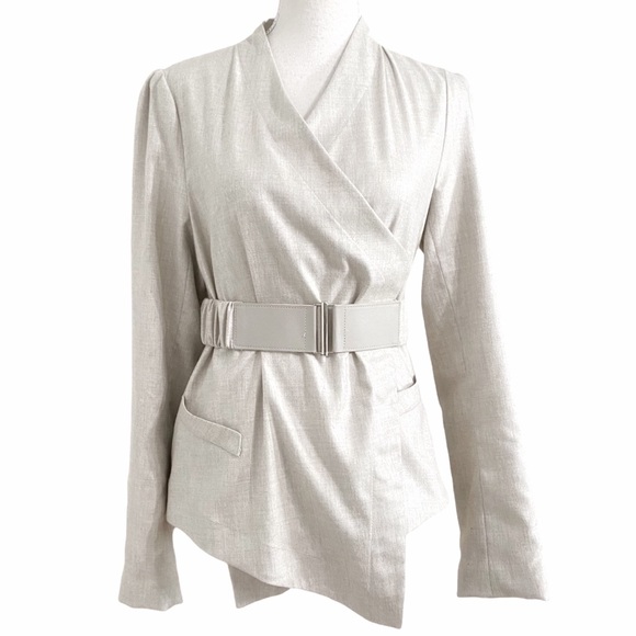 Iris Setlakwe Jackets & Blazers - IRIS SETLAKWE CREAM SAND COLLARLESS FLOUNCE LIGHTWEIGHT BELTED BLAZER JACKET